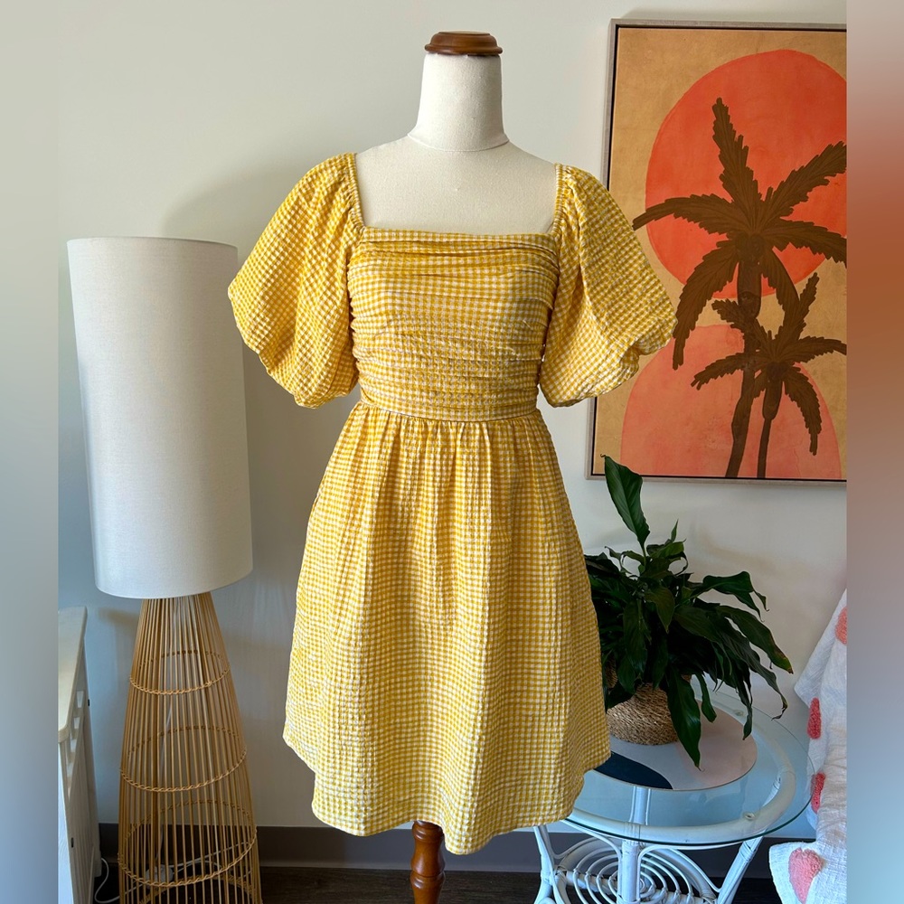 Piper Pleated Bodice Organic Cotton Mini Dress in Mustard Gingham - Picture 5 of 8